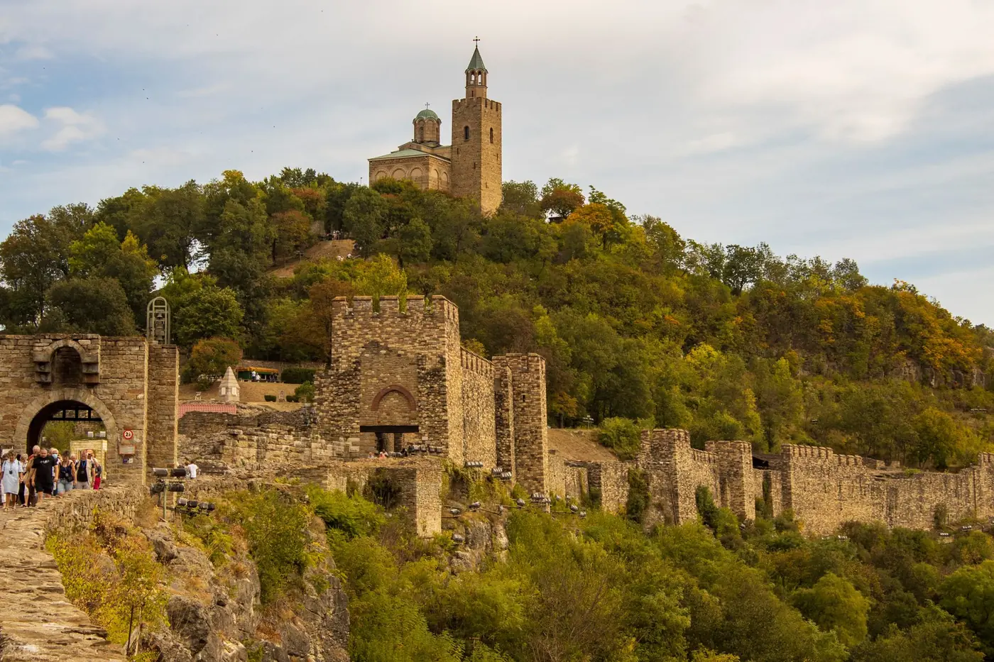 Tsarevets Fortress on its wooded hill above Veliko Tarnovo, Bulgaria
